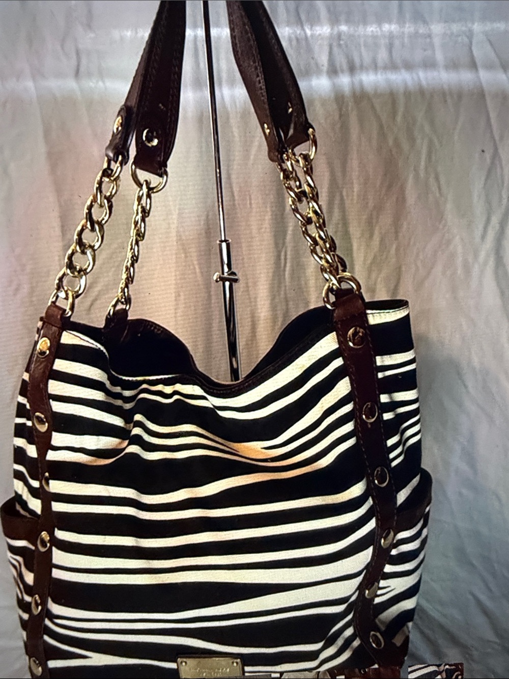Michael Kors Black and White Striped Canvas Tote with Brown Leather Chain Straps